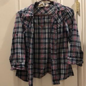 Navy, Pink, and White 3/4-sleeve Plaid Shirt